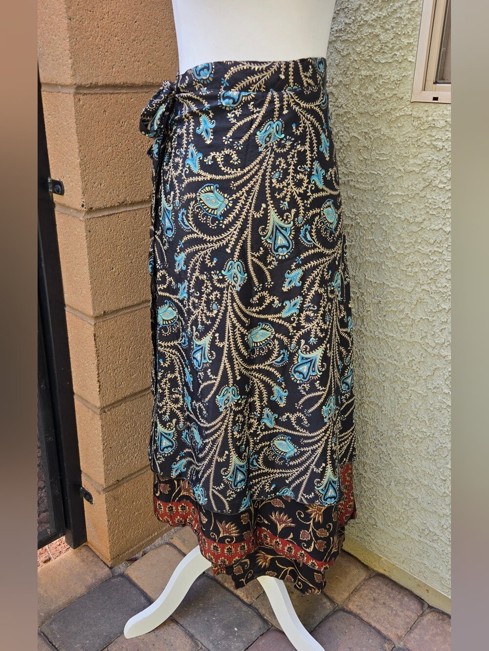 Karma Highway Bohemian Paisley Wrap Skirt in Black and Teal